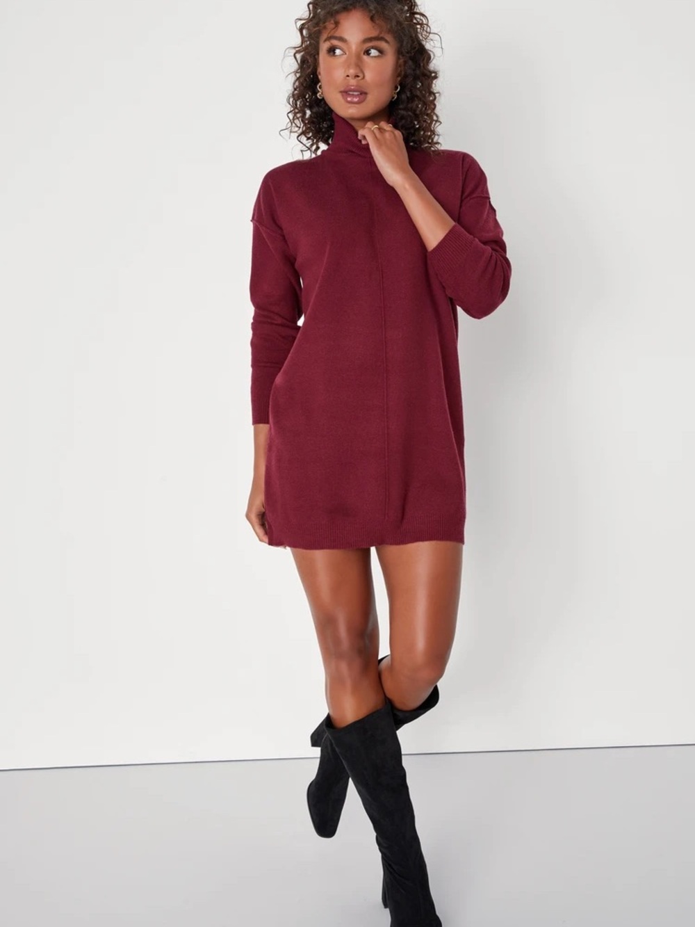 LuLus Turtleneck Sweater Dress in Burgundy
